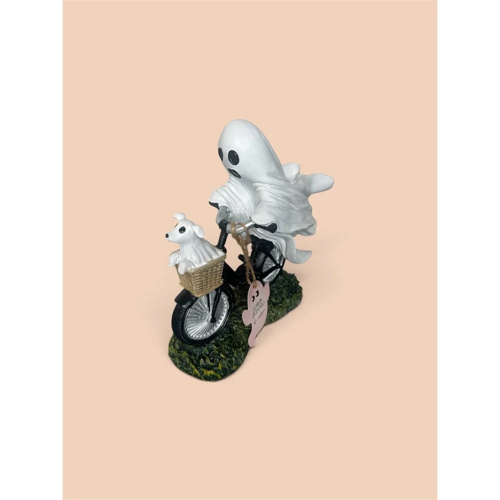 Goblin & Ghoul Halloween Ghost Riding Bicycle with Ghost Dog Figurine Decor